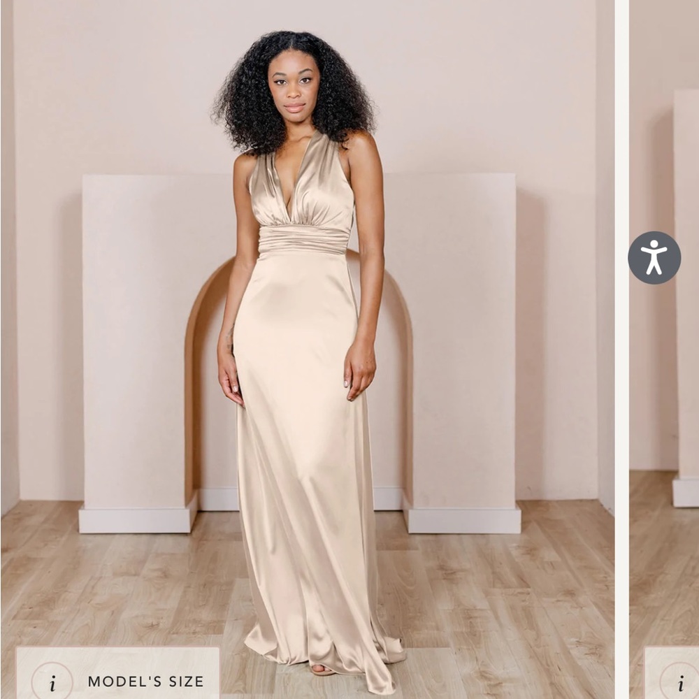 Gold champagne -703 satin bridesmaid dress from Revelry